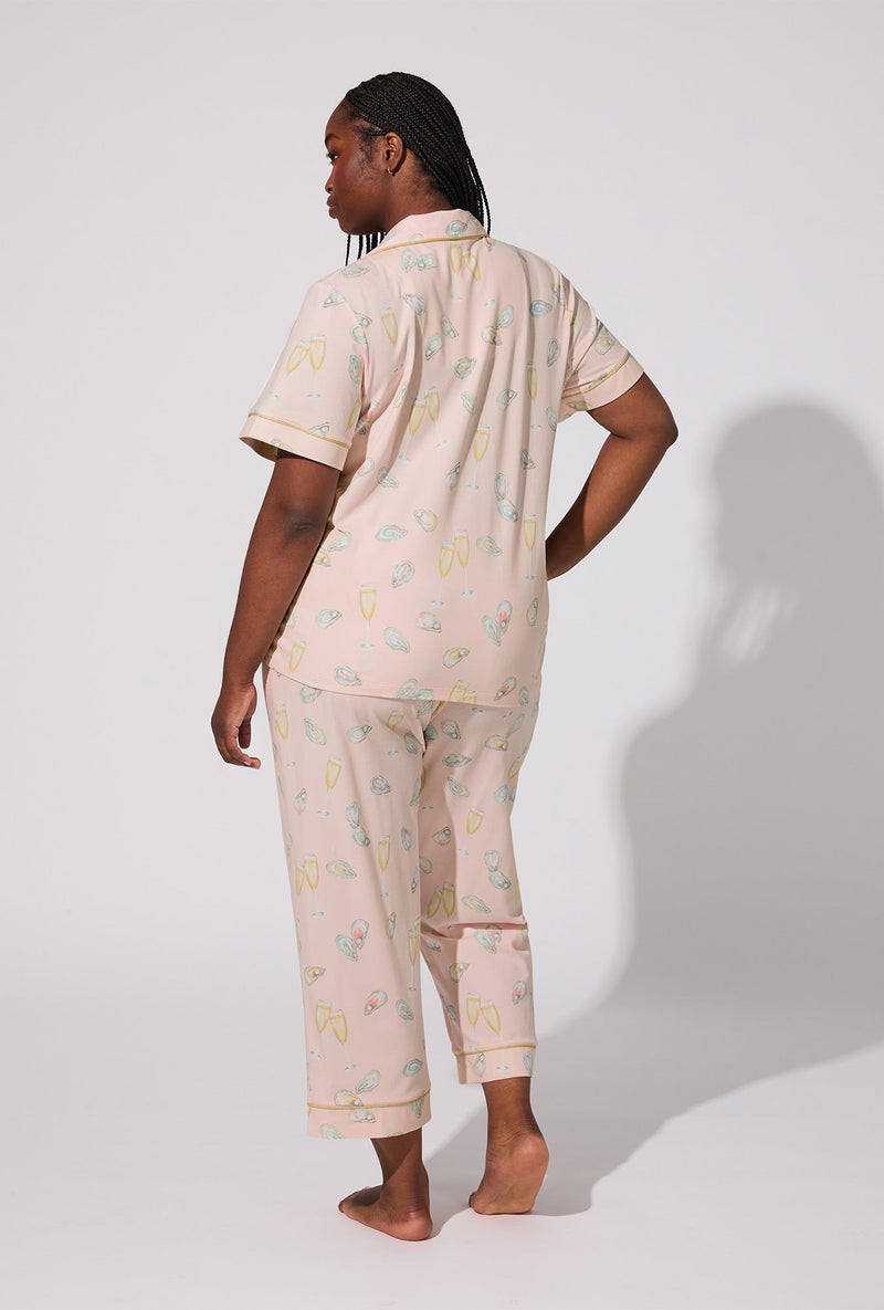 Oyster and Champagne Short Sleeve Classic Stretch Jersey Cropped PJ Set