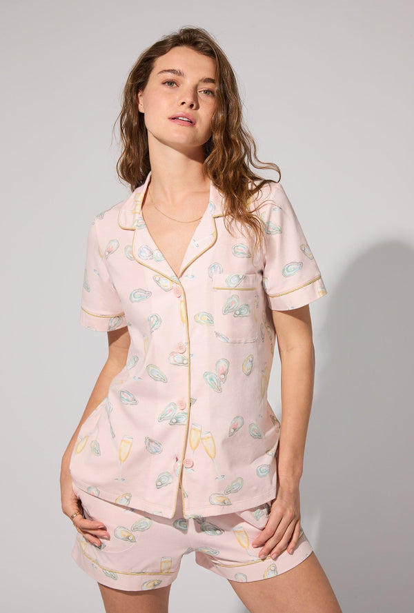Oyster and Champagne Short Sleeve Classic Shorty Stretch Jersey PJ Set