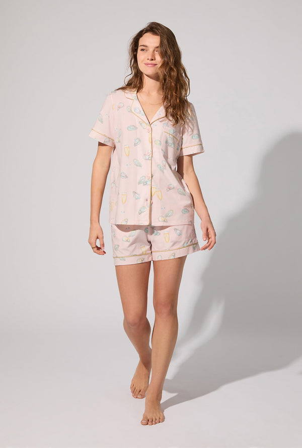 Oyster and Champagne Short Sleeve Classic Shorty Stretch Jersey PJ Set