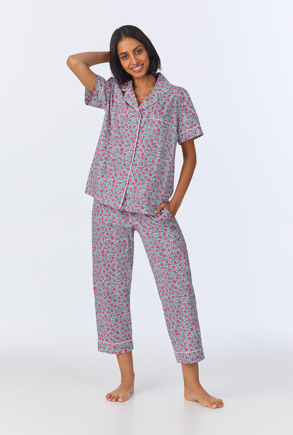 Petite Petunias Short Sleeve Classic Woven Cotton Poplin Cropped PJ Set