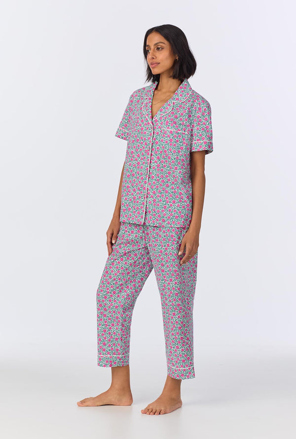 Petite Petunias Short Sleeve Classic Woven Cotton Poplin Cropped PJ Set