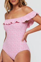 Toni Off-The-Shoulder Ruffle One-Piece Swimsuit in Coral Weave