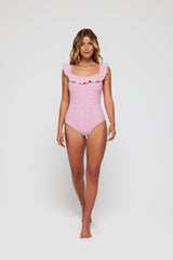Toni Off-The-Shoulder Ruffle One-Piece Swimsuit in Coral Weave