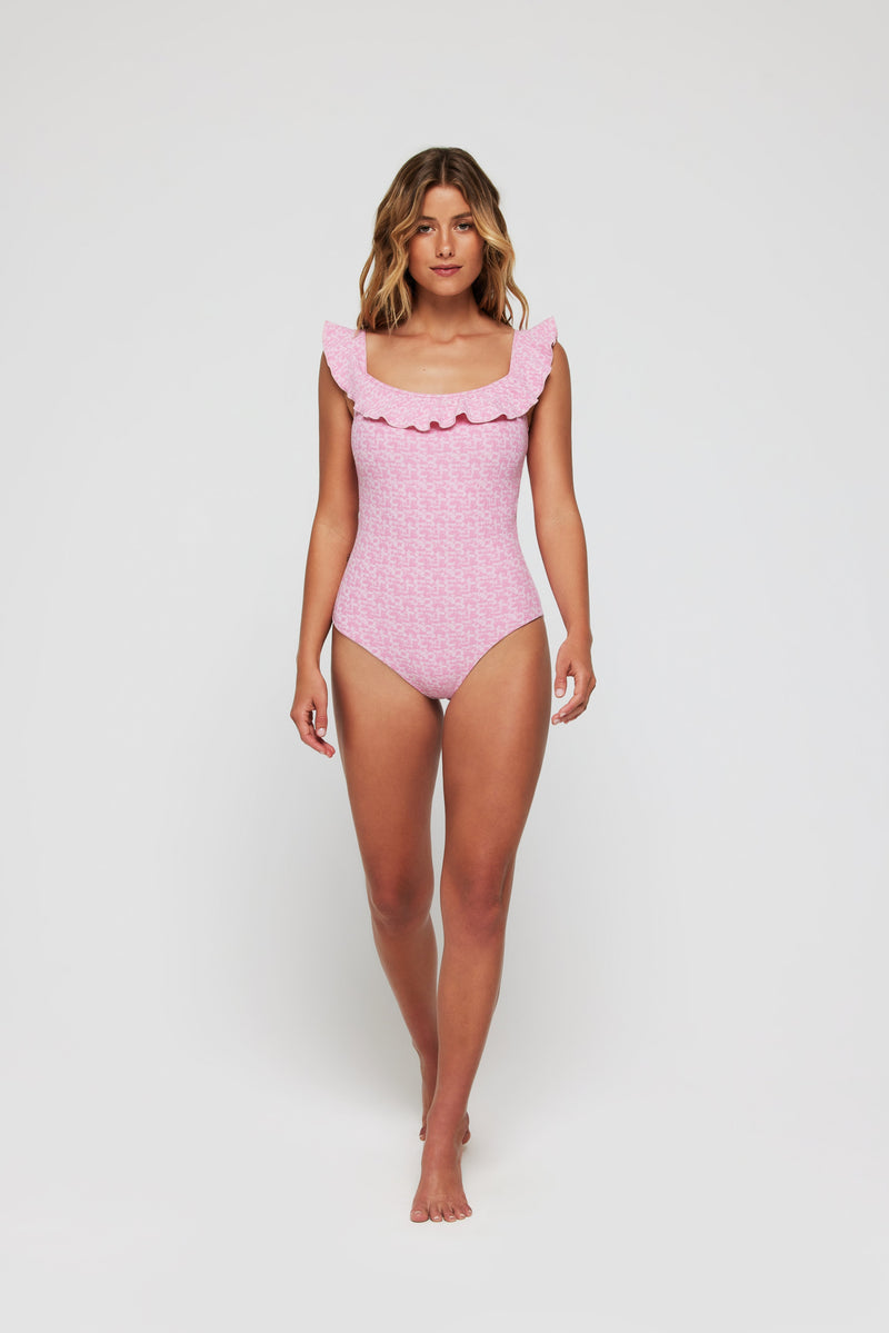 Toni Off-The-Shoulder Ruffle One-Piece Swimsuit in Coral Weave