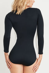 Else Long Sleeve Gold Zipper One-piece Swimsuit in Black and White
