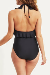 Marcela High Neck Ruffle Halter  One-piece Swimsuit in Black