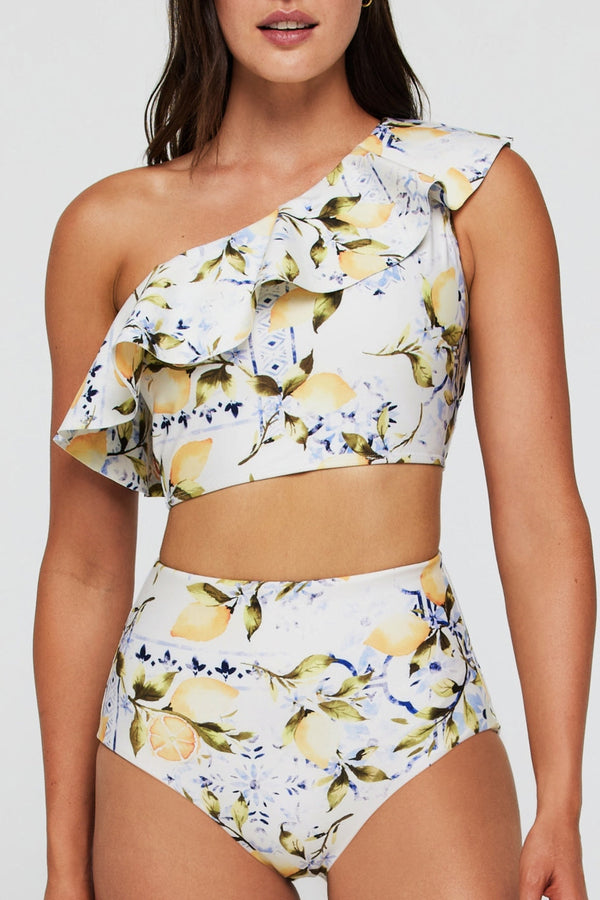 Vanessa One Shoulder Ruffle Two-Piece Bikini Top in Lemons