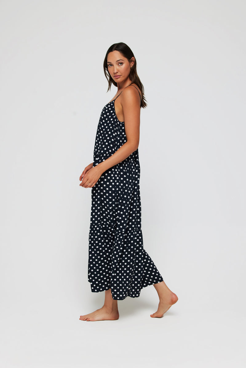 Johanna Maxi Low Scoop Back Dress Cover Up in Polka Dots