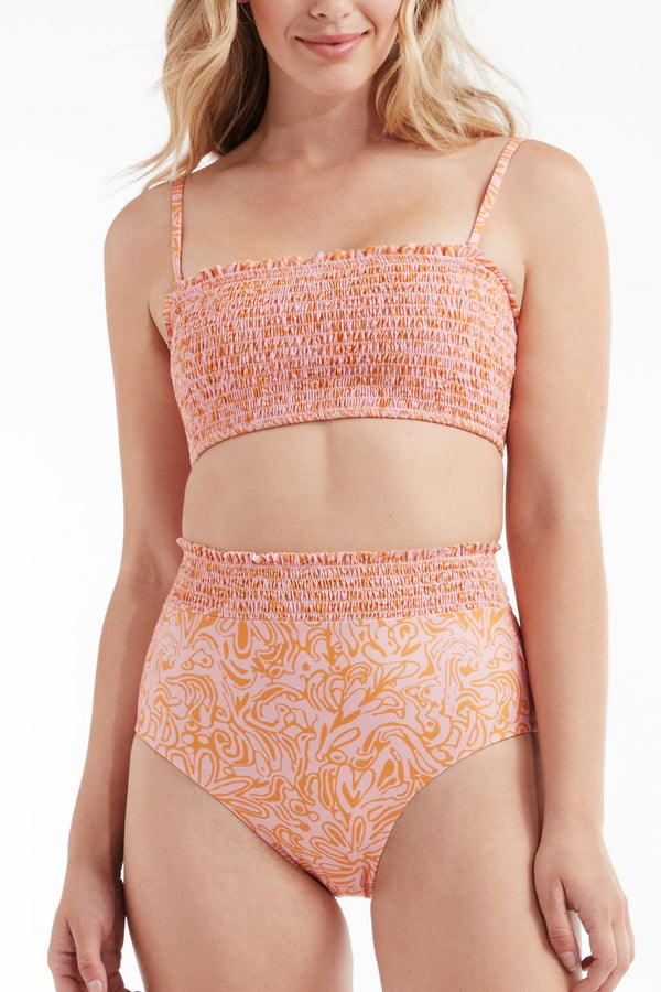 Hanna Smocked Removable Straps Two-Piece Bikini Top in Peach Medley- FINAL SALE