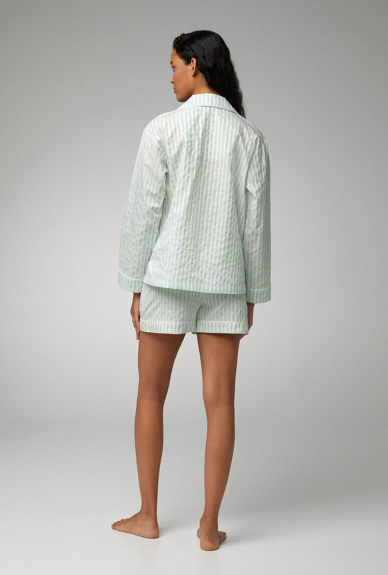 Mint 3D Stripe Long Sleeve Classic Woven Cotton Sateen Shorty PJ Set
