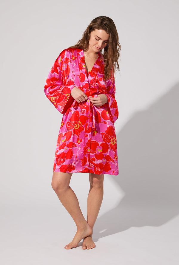 BedHead X Trina Turk Winter Orchids Banded Collar Washable Silk Robe