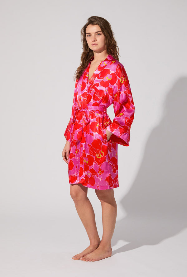 BedHead X Trina Turk Winter Orchids Banded Collar Washable Silk Robe