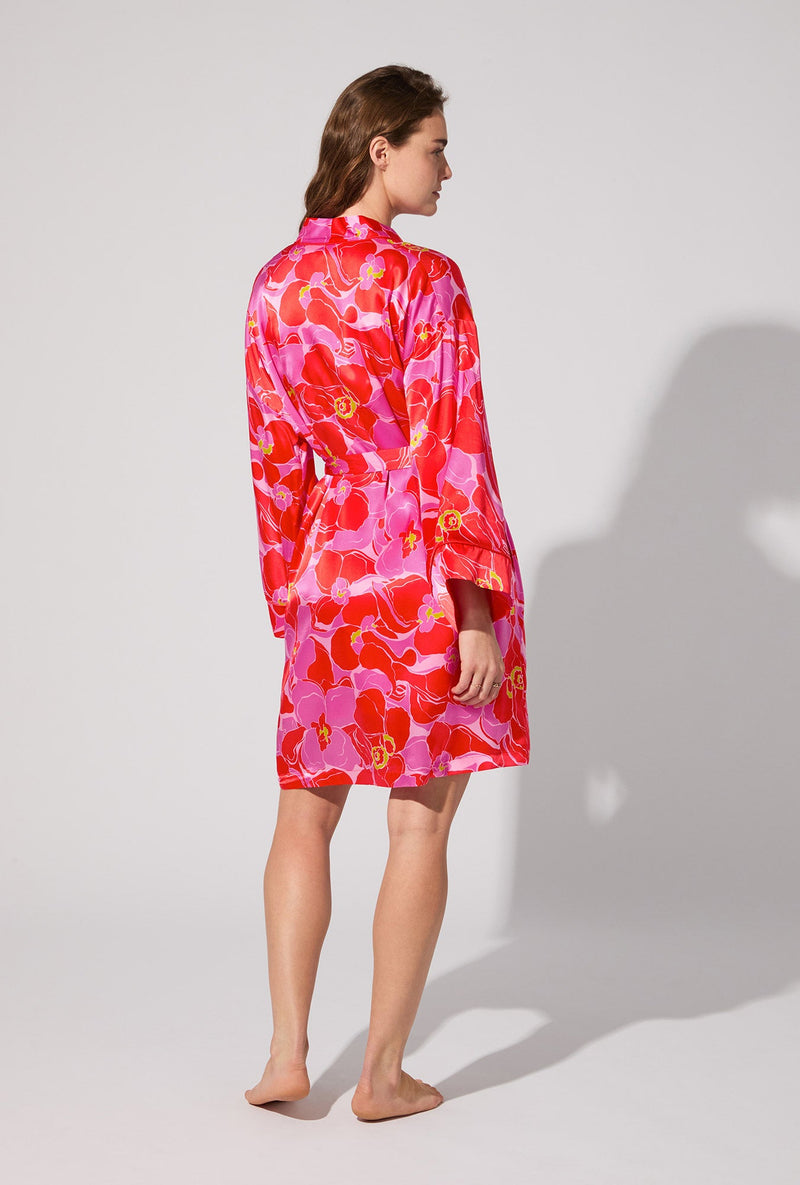 BedHead X Trina Turk Winter Orchids Banded Collar Washable Silk Robe