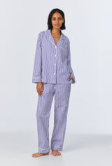 Navy 3D Stripe Long Sleeve Classic Woven Cotton Sateen Long PJ Set