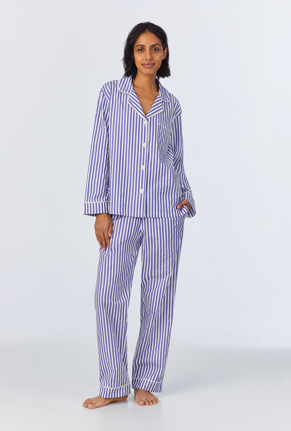 Navy 3D Stripe Long Sleeve Classic Woven Cotton Sateen Long PJ Set