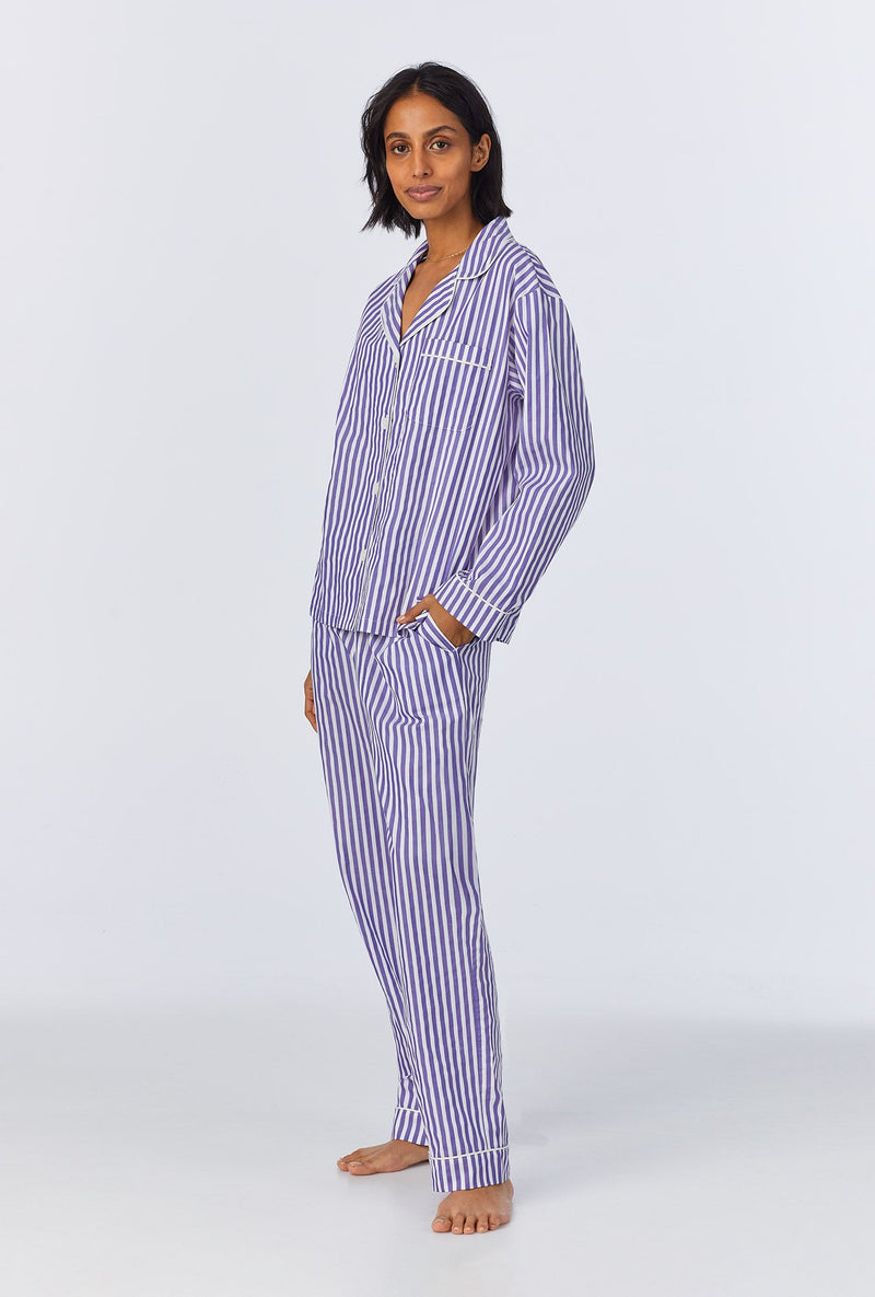 Navy 3D Stripe Long Sleeve Classic Woven Cotton Sateen Long PJ Set