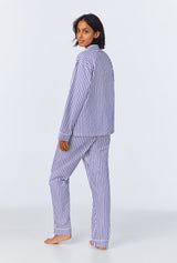 Navy 3D Stripe Long Sleeve Classic Woven Cotton Sateen Long PJ Set