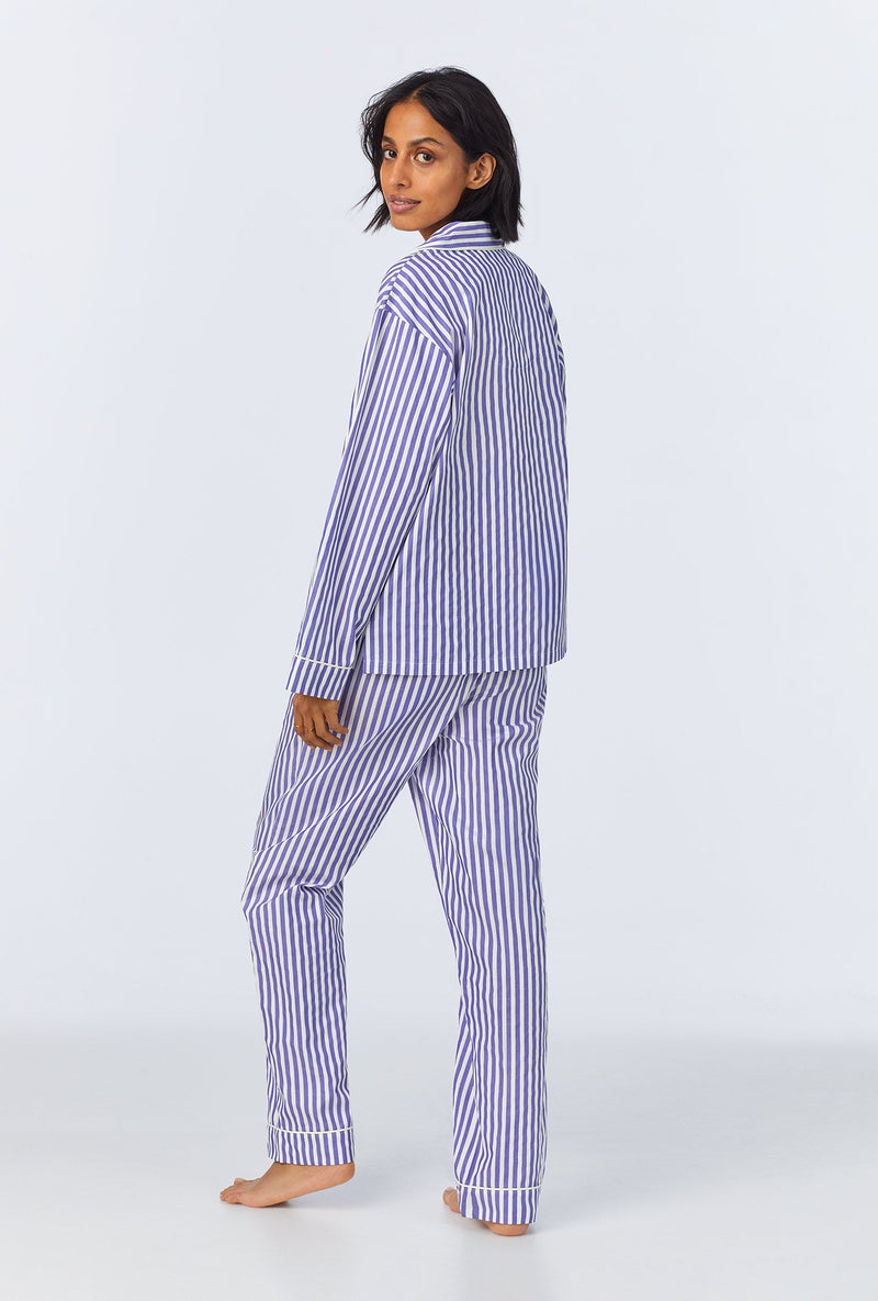 Navy 3D Stripe Long Sleeve Classic Woven Cotton Sateen Long PJ Set