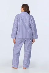Navy 3D Stripe Long Sleeve Classic Woven Cotton Sateen Long PJ Set