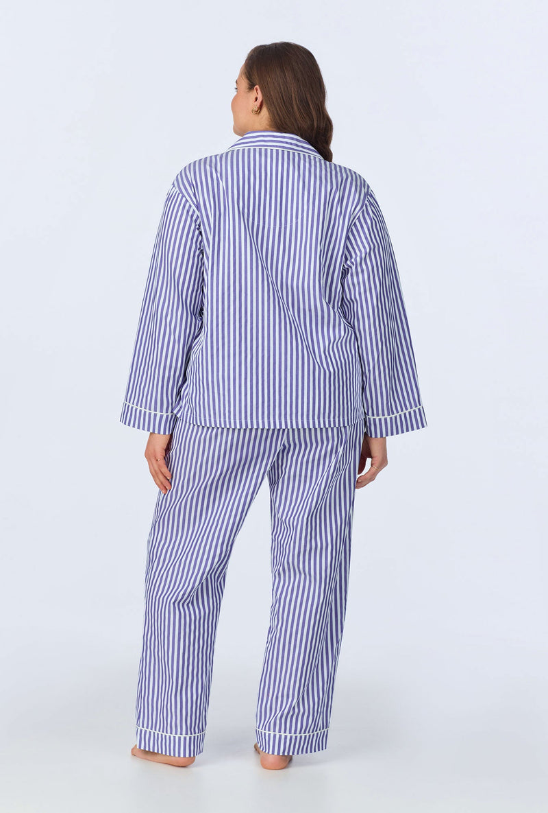 Navy 3D Stripe Long Sleeve Classic Woven Cotton Sateen Long PJ Set