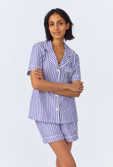 Navy 3D Stripe Short Sleeve Classic Woven Cotton Sateen Shorty PJ Set