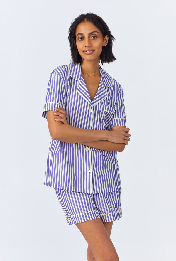 Navy 3D Stripe Short Sleeve Classic Woven Cotton Sateen Shorty PJ Set
