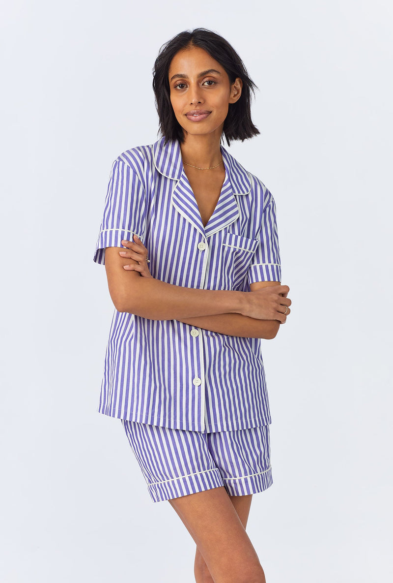 Navy 3D Stripe Short Sleeve Classic Woven Cotton Sateen Shorty PJ Set