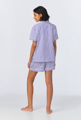 Navy 3D Stripe Short Sleeve Classic Woven Cotton Sateen Shorty PJ Set