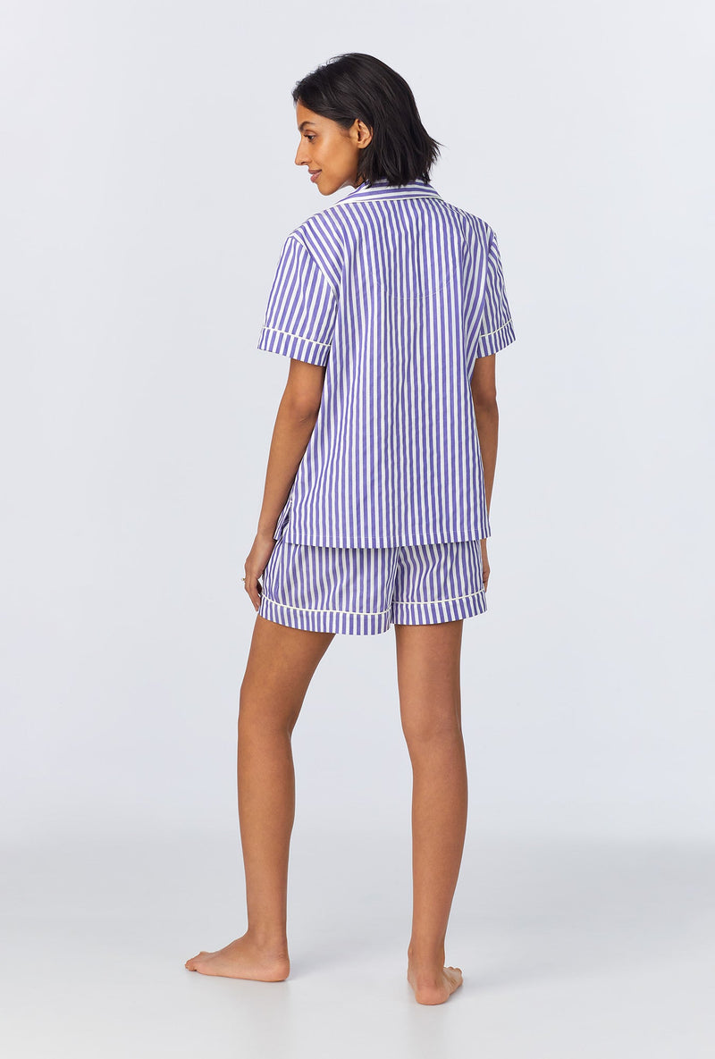 Navy 3D Stripe Short Sleeve Classic Woven Cotton Sateen Shorty PJ Set