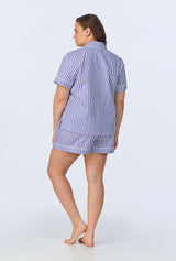 Navy 3D Stripe Short Sleeve Classic Woven Cotton Sateen Shorty PJ Set