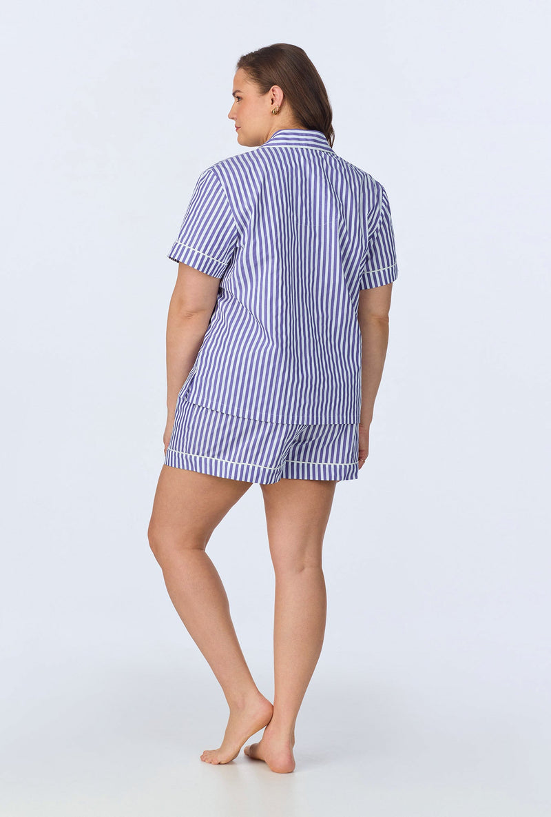 Navy 3D Stripe Short Sleeve Classic Woven Cotton Sateen Shorty PJ Set
