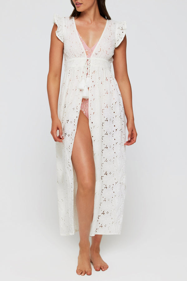 Rosanna Tie Cinched Tunic Cover Up in White Eyelet