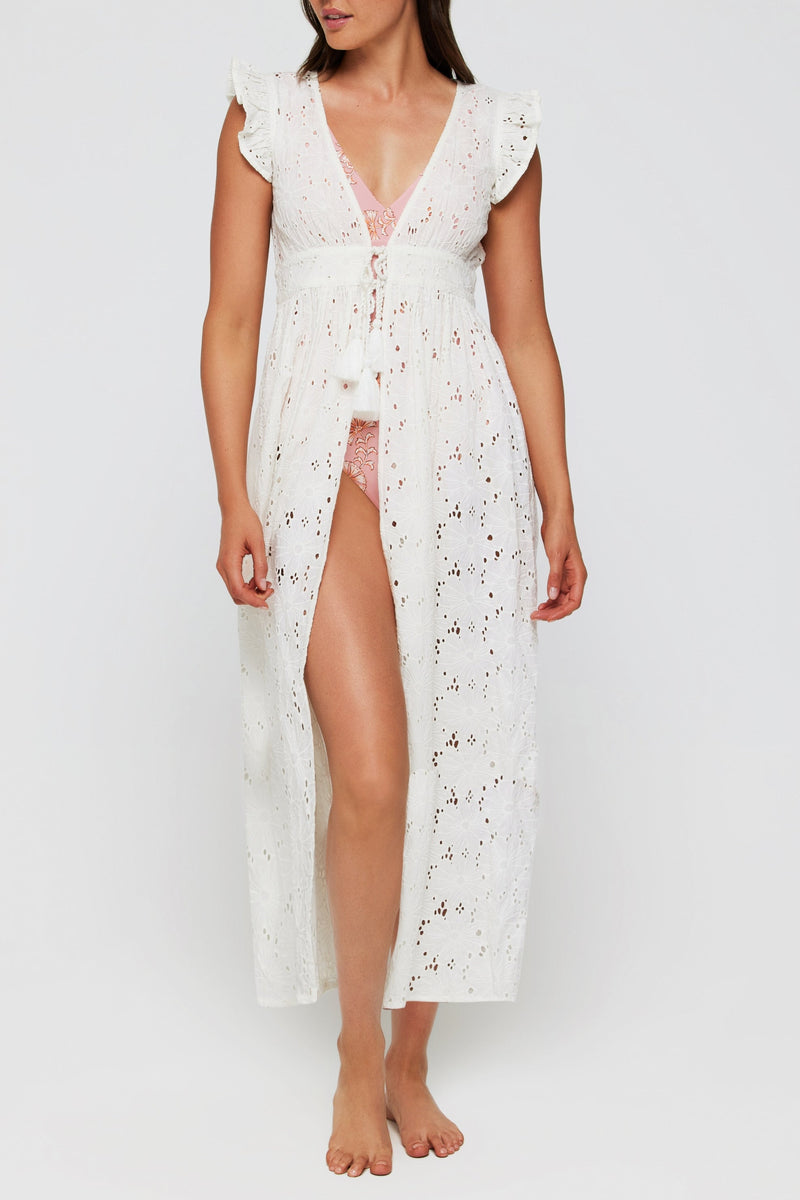 Rosanna Tie Cinched Tunic Cover Up in White Eyelet