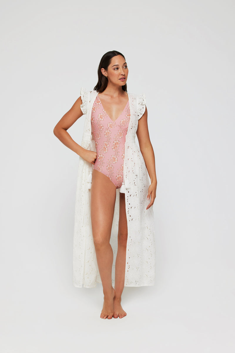 Rosanna Tie Cinched Tunic Cover Up in White Eyelet