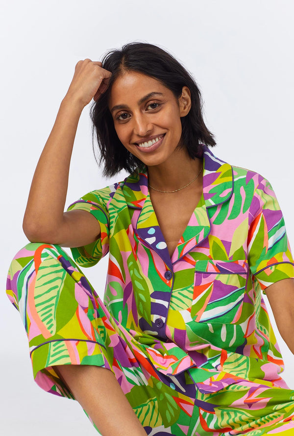 BedHead x Trina Turk Jungle Leaves Short Sleeve Classic Cropped Stretch Jersey PJ Set