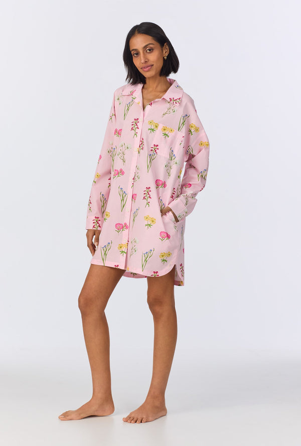 Western Wildflowers High Low Woven Cotton Poplin Boyfriend Shirt