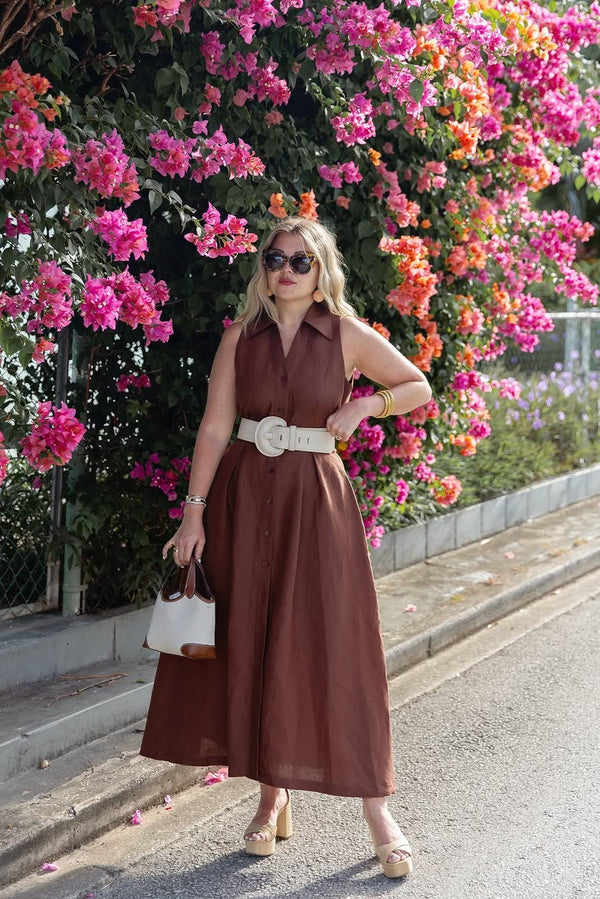Stacia Collared Button Front Panel Midi Dress in Shaved Chocolate
