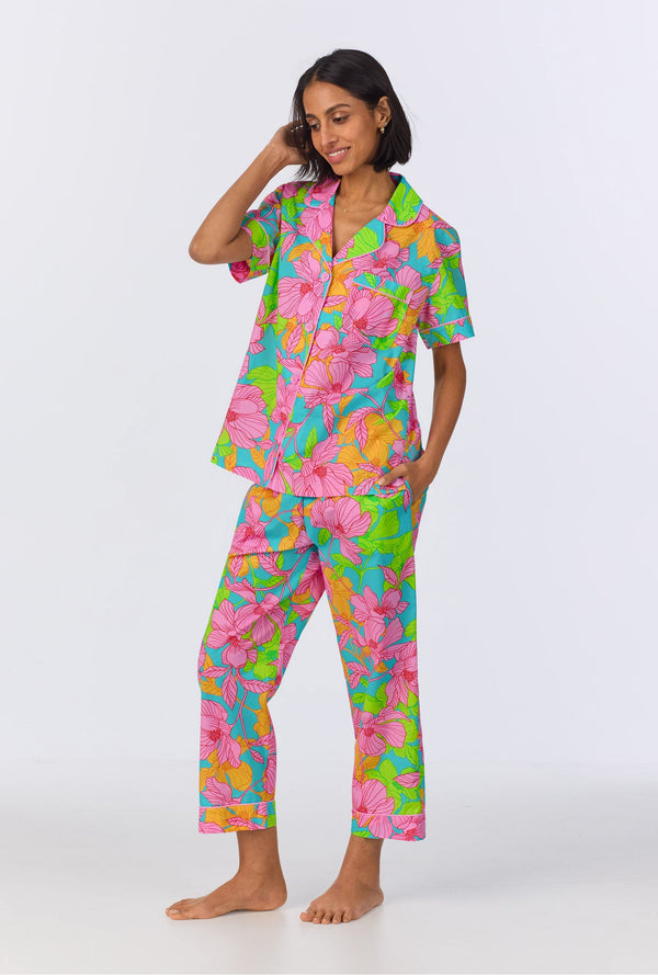 BedHead x Trina Turk Linear Floral Short Sleeve Classic Cropped Woven Cotton Poplin PJ Set