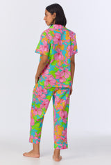 BedHead x Trina Turk Linear Floral Short Sleeve Classic Cropped Woven Cotton Poplin PJ Set