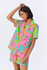 BedHead x Trina Turk Linear Floral Short Sleeve Classic Woven Cotton Poplin Shorty PJ Set
