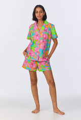 BedHead x Trina Turk Linear Floral Short Sleeve Classic Woven Cotton Poplin Shorty PJ Set