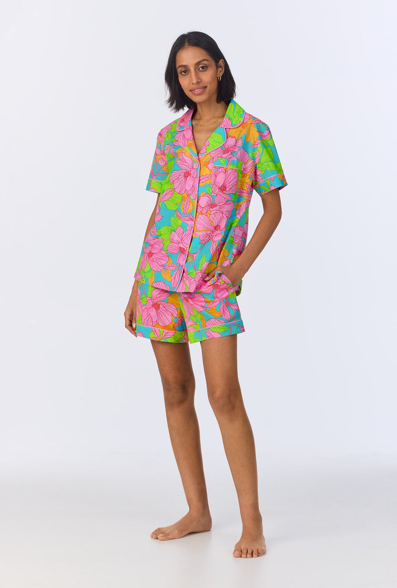 BedHead x Trina Turk Linear Floral Short Sleeve Classic Woven Cotton Poplin Shorty PJ Set