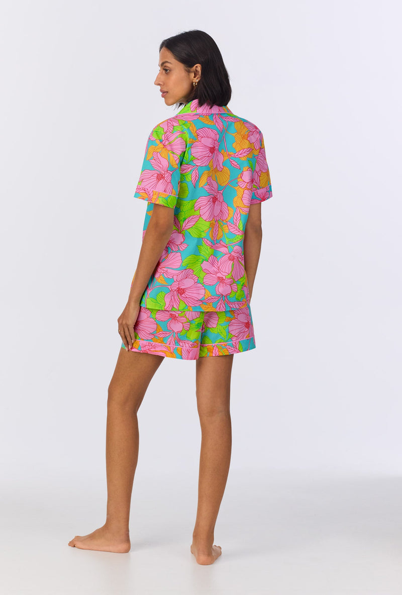 BedHead x Trina Turk Linear Floral Short Sleeve Classic Woven Cotton Poplin Shorty PJ Set