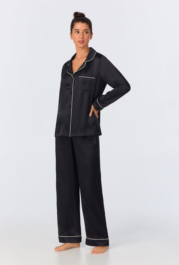 Black Long Sleeve Classic Washable Silk PJ Set