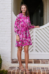 Rebecca Collared Tie Mini Dress in Pink Floral Ikat