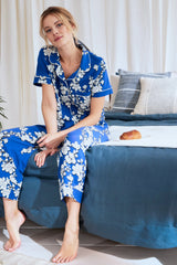 Navy Shadow Blossom Short Sleeve Cropped Stretch Jersey PJ Set