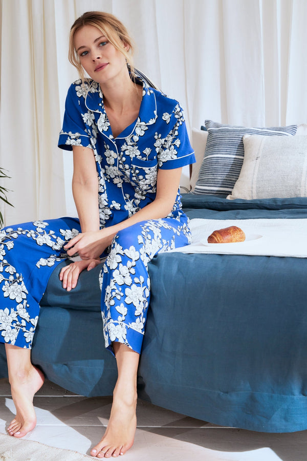 Navy Shadow Blossom Short Sleeve Cropped Stretch Jersey PJ Set