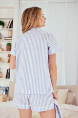 Blue 3D Stripe Short Sleeve Classic Shorty Woven Cotton Sateen PJ Set