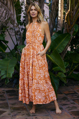 Hilde High Neck Halter Button Front Maxi Dress in Sicilian Orange Blossom - FINAL SALE