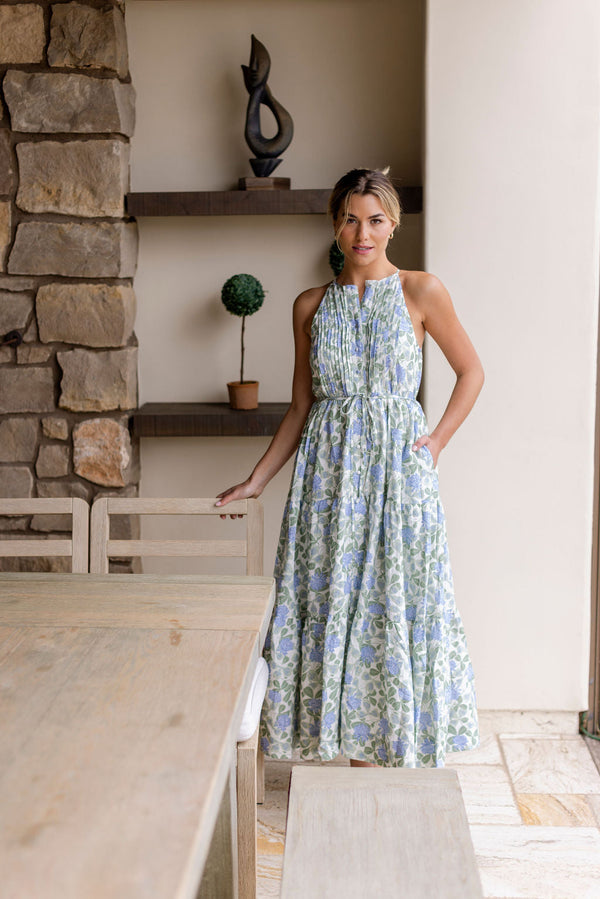 Hilde High Neck Halter Button Front Maxi Dress in Blue Floral
